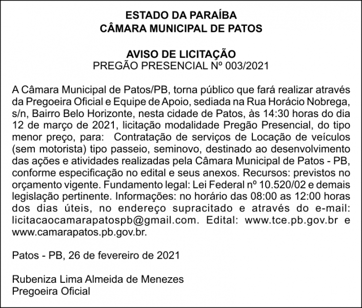 CÂMARA MUNICIPAL DE PATOS  – AVISO DE LICITAÇÃO – PREGÃO PRESENCIAL Nº 003/2021