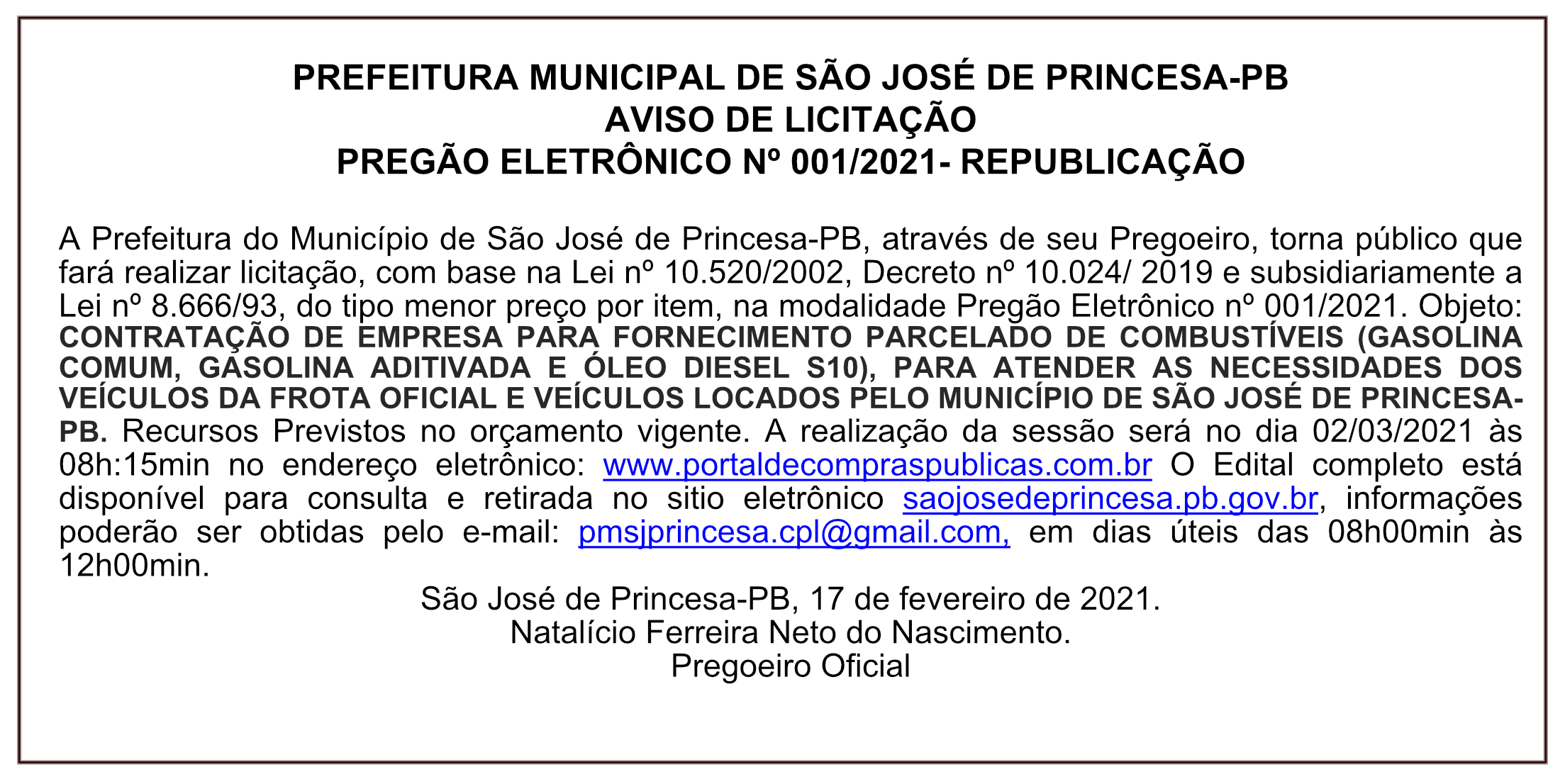 PREFEITURA MUNICIPAL DE SÃO JOSÉ DE PRINCESA-PB – AVISO DE LICITAÇÃO – PREGÃO ELETRÔNICO Nº 001/2021- REPUBLICAÇÃO