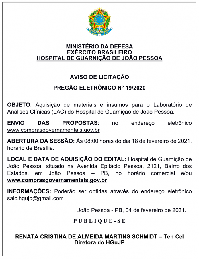 HOSPITAL DE GUARNIÇÃO –  AVISO DE LICITAÇÃO – PREGÃO ELETRÔNICO N° 19/2020