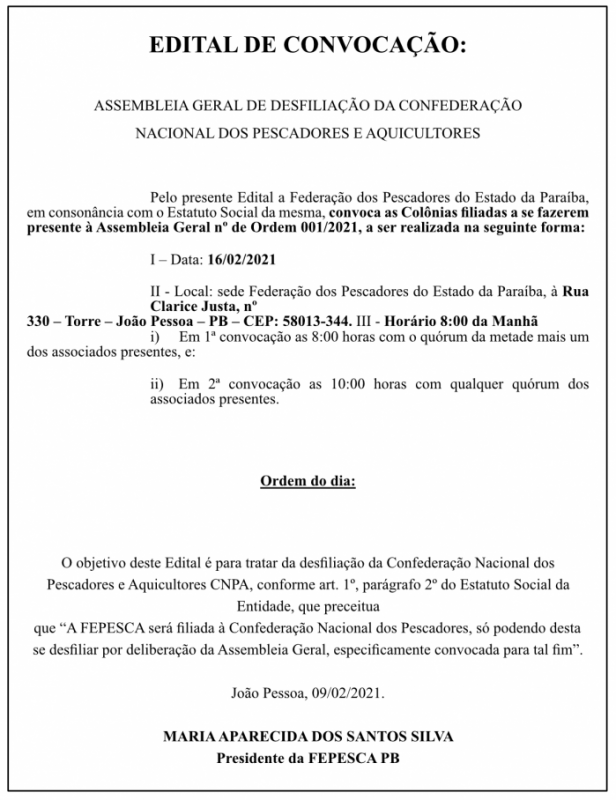 FEPESCA – EDITAL DE CONVOCAÇÃO
