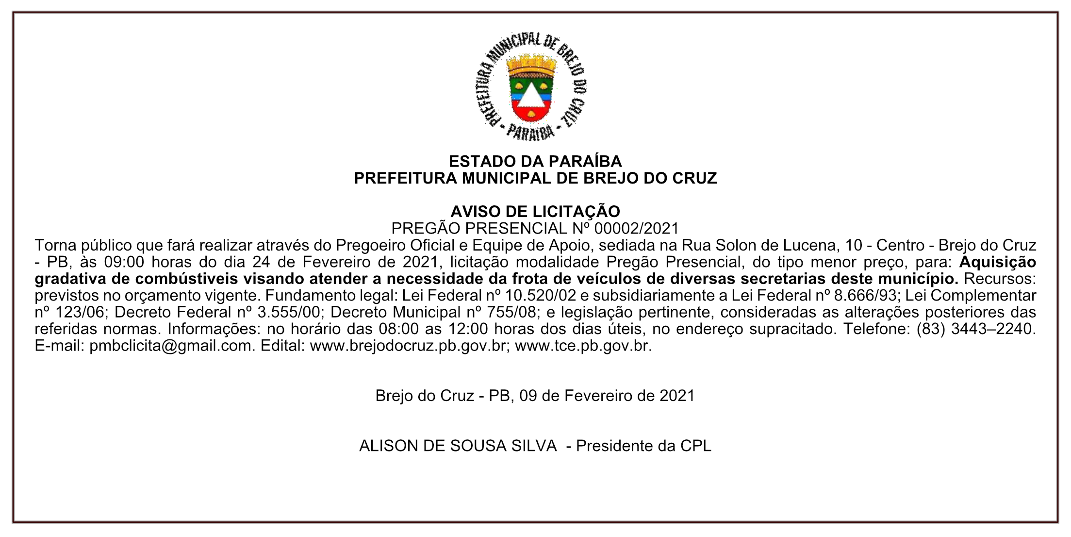 PREFEITURA MUNICIPAL DE BREJO DO CRUZ – AVISO DE LICITAÇÃO – PREGÃO PRESENCIAL Nº 00002/2021