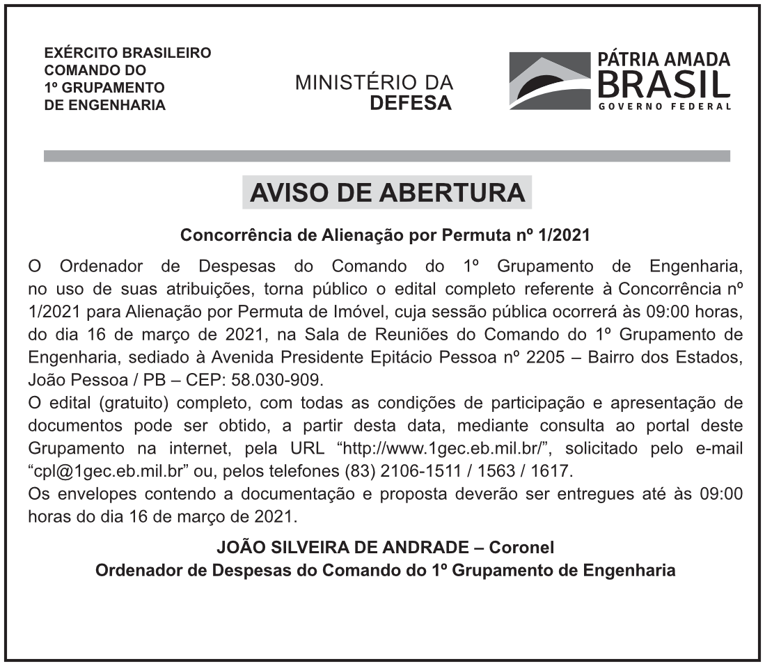 COMANDO DO 1º GRUPAMENTO DE ENGENHARIA – CONCORRÊNCIA DE ALIENAÇÃO POR PERMUTA Nº 1/2021