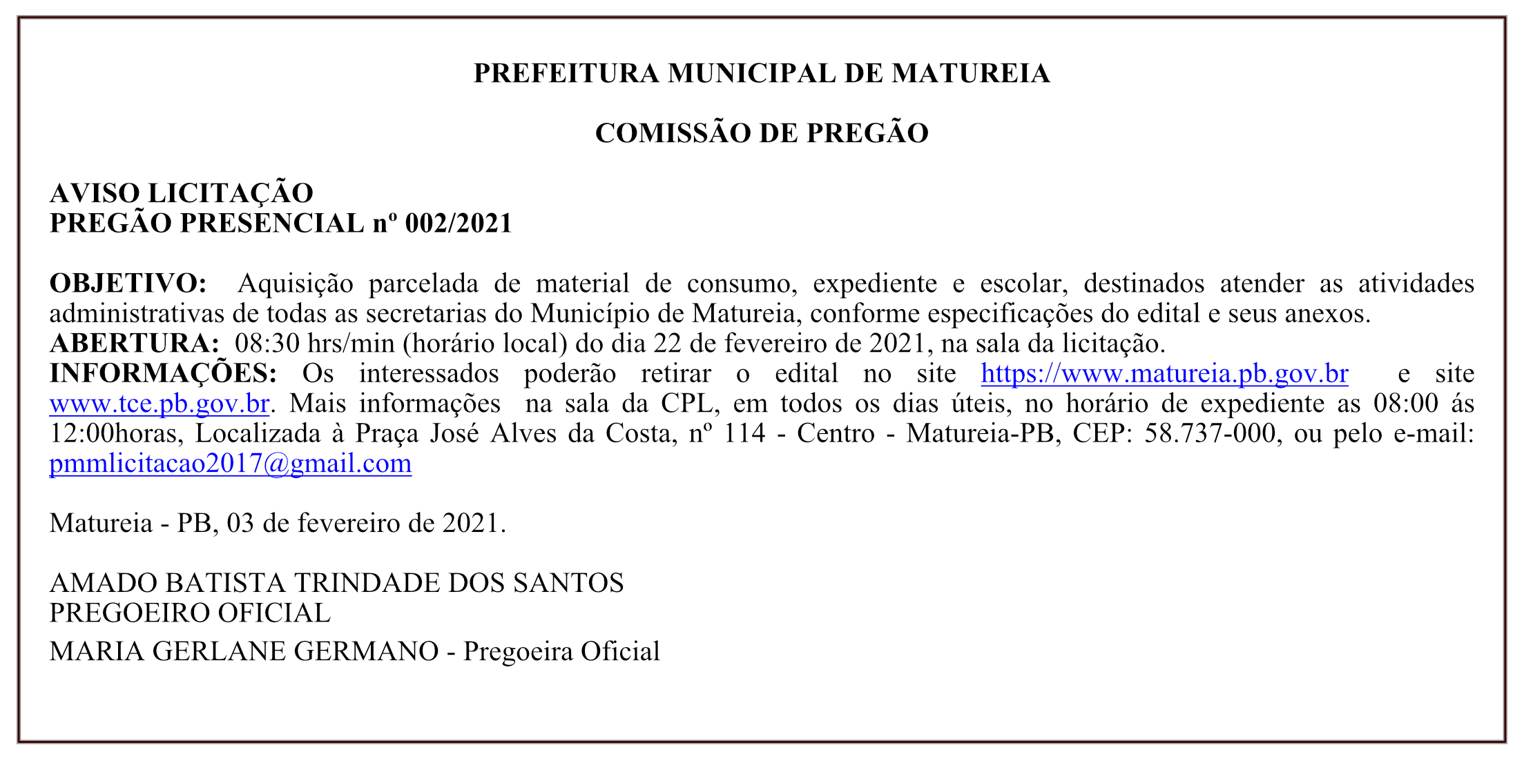 PREFEITURA MUNICIPAL DE MATUREIA – AVISO LICITAÇÃO – PREGÃO PRESENCIAL nº 002/2021
