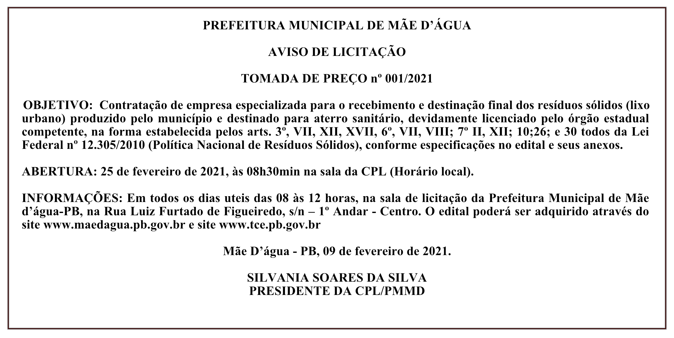 PREFEITURA MUNICIPAL DE MÃE D’ÁGUA – AVISO DE LICITAÇÃO – TOMADA DE PREÇO Nº 001/2021