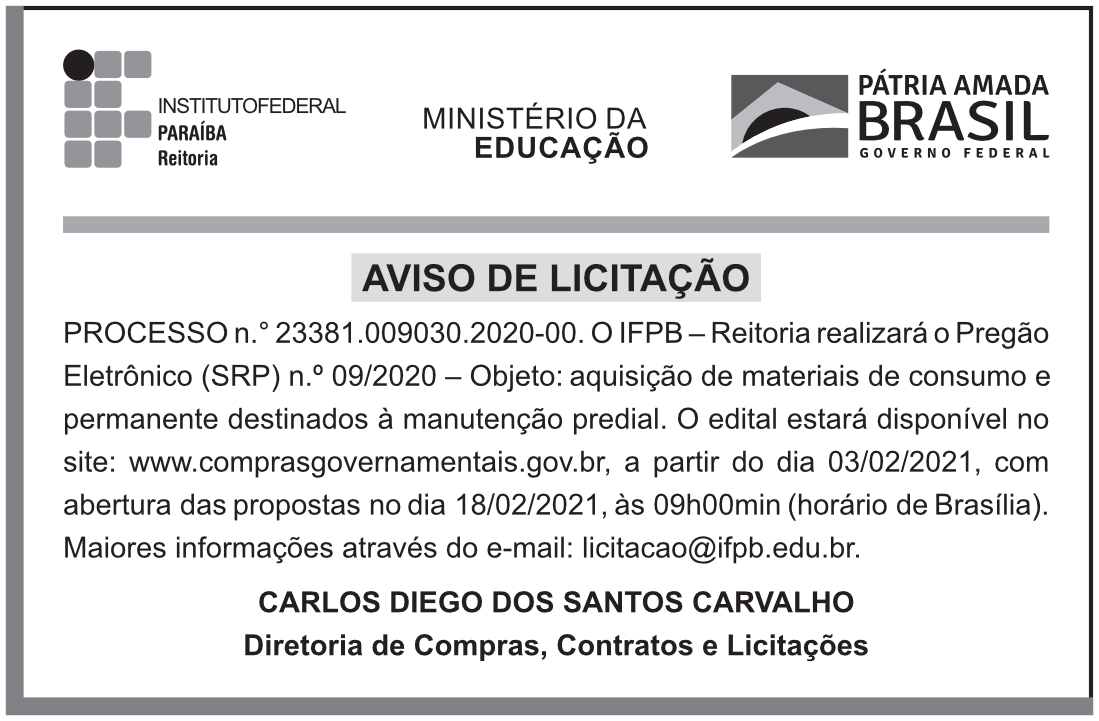 IFPB REITORIA – AVISO DE LICITAÇÃO 09/2020