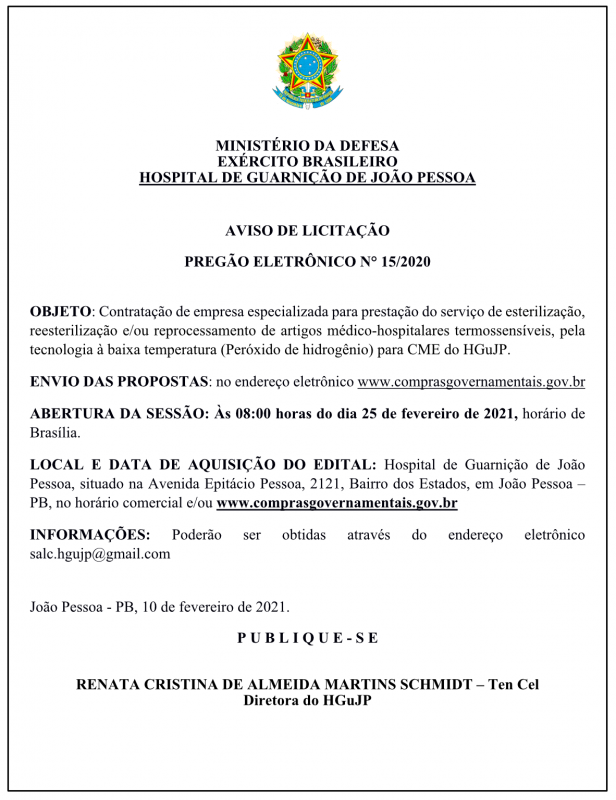 HOSPITAL DE GUARNIÇÃO DE JOÃO PESSOA – AVISO DE LICITAÇÃO – PREGÃO ELETRÔNICO N° 15/2020