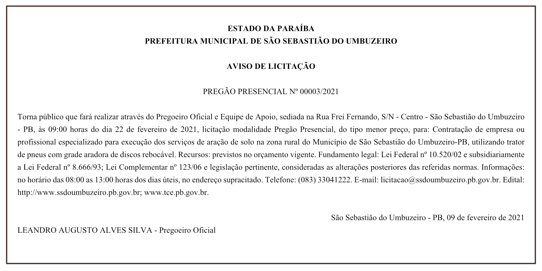 PREFEITURA MUNICIPAL DE SÃO SEBASTIÃO DO UMBUZEIRO – AVISO DE LICITAÇÃO – PREGÃO PRESENCIAL Nº 00003/2021