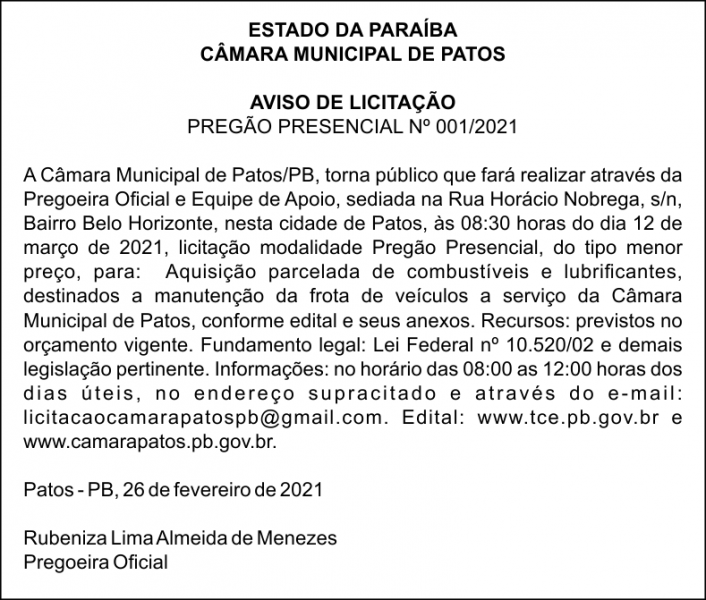 CÂMARA MUNICIPAL DE PATOS  – AVISO DE LICITAÇÃO – PREGÃO PRESENCIAL Nº 001/2021