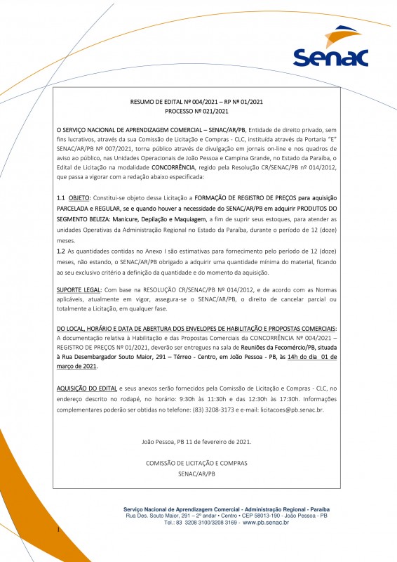 SENAC/AR/PB – RESUMO DE EDITAL Nº 004/2021 – RP Nº 01/2021 PROCESSO Nº 021/2021