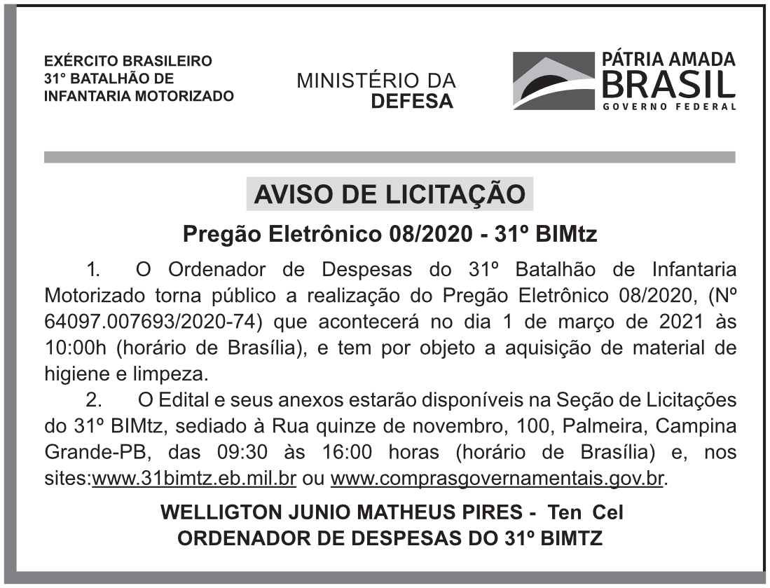 PREGÃO ELETRÔNICO 08/2020 – 31º BIMTZ