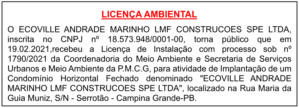 ECOVILLE ANDRADE MARINHO LMF CONSTRUÇÕES SPE LTDA – Licença de Instalação
