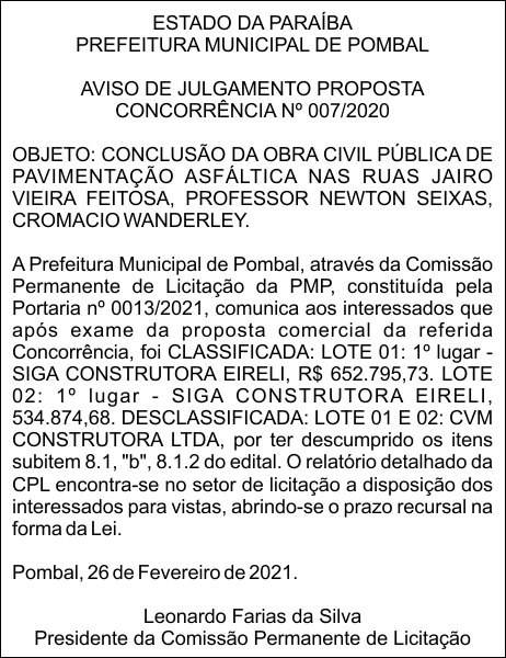 PREFEITURA MUNICIPAL DE POMBAL – AVISO DE JULGAMENTO PROPOSTA CONCORRÊNCIA Nº 007/2020