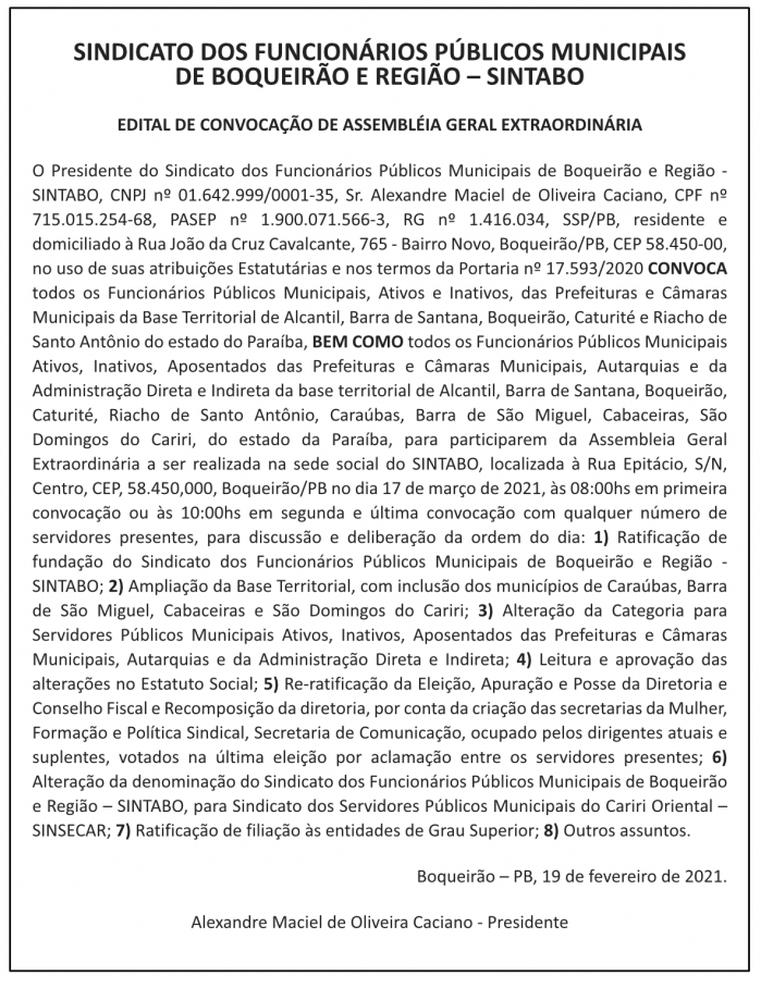 SINTABO – EDITAL DE CONVOCAÇÃO DE ASSEMBLÉIA GERAL EXTRAORDINÁRIA