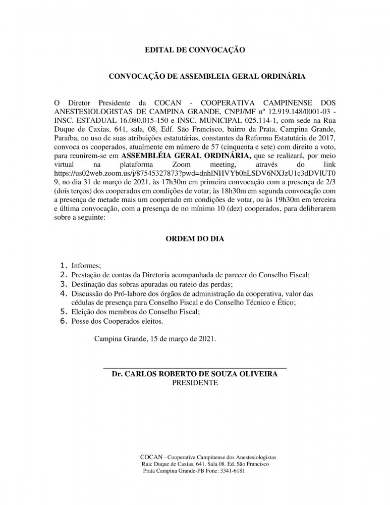 COCAN – CONVOCAÇÃO DE ASSEMBLEIA GERAL ORDINÁRIA
