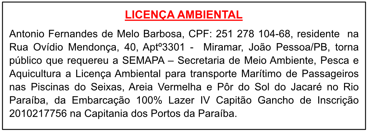 Antonio Fernandes de Melo Barbosa – Licença Ambiental