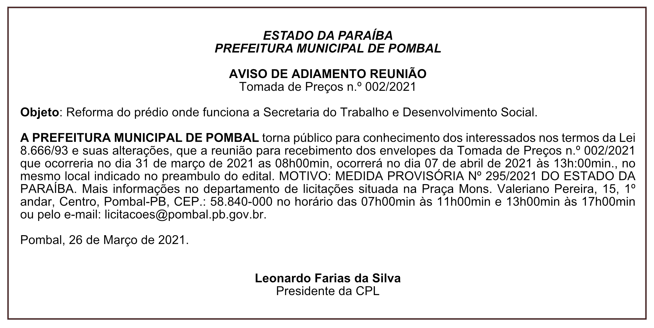 PREFEITURA MUNICIPAL DE POMBAL – AVISO DE ADIAMENTO – REUNIÃO TOMADA DE PREÇOS Nº 002/2021