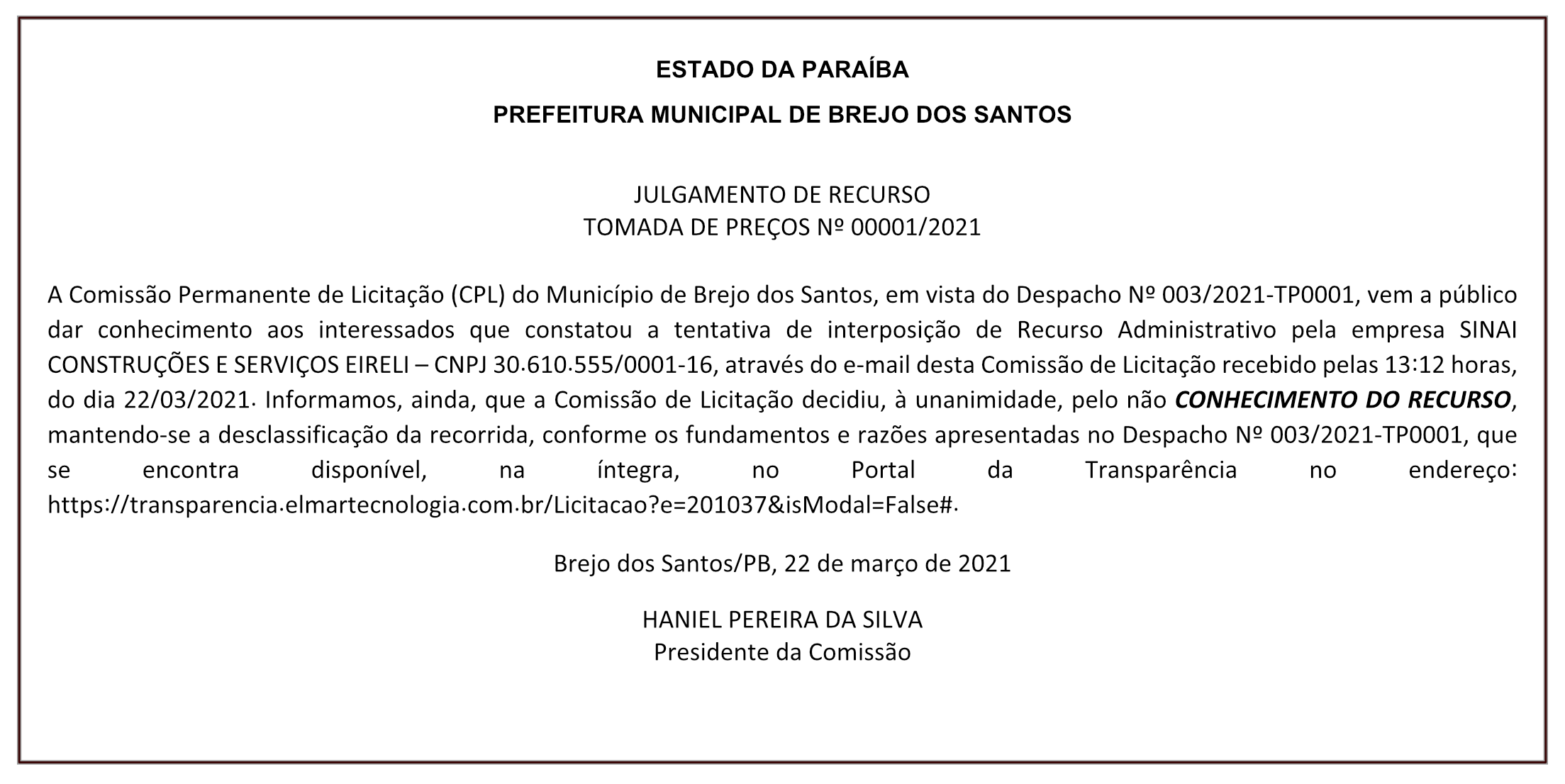 PREFEITURA MUNICIPAL DE BREJO DOS SANTOS – JULGAMENTO DE RECURSO – TOMADA DE PREÇOS Nº 00001/2021
