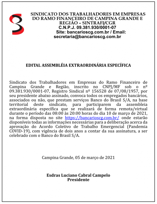 SINTRAFI/CGR – EDITAL ASSEMBLÉIA EXTRAORDINÁRIA ESPECÍFICA