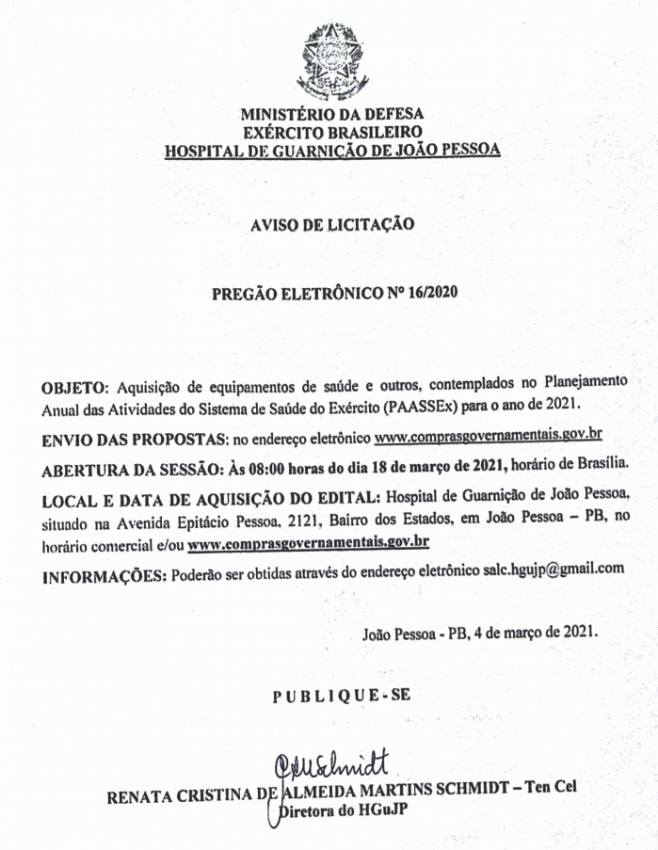 HOSPITAL DE GUARNIÇÃO DE JOÃO PESSOA – AVISO DE LICITAÇÃO – PREGÃO ELETRÔNICO Nº 16/2020