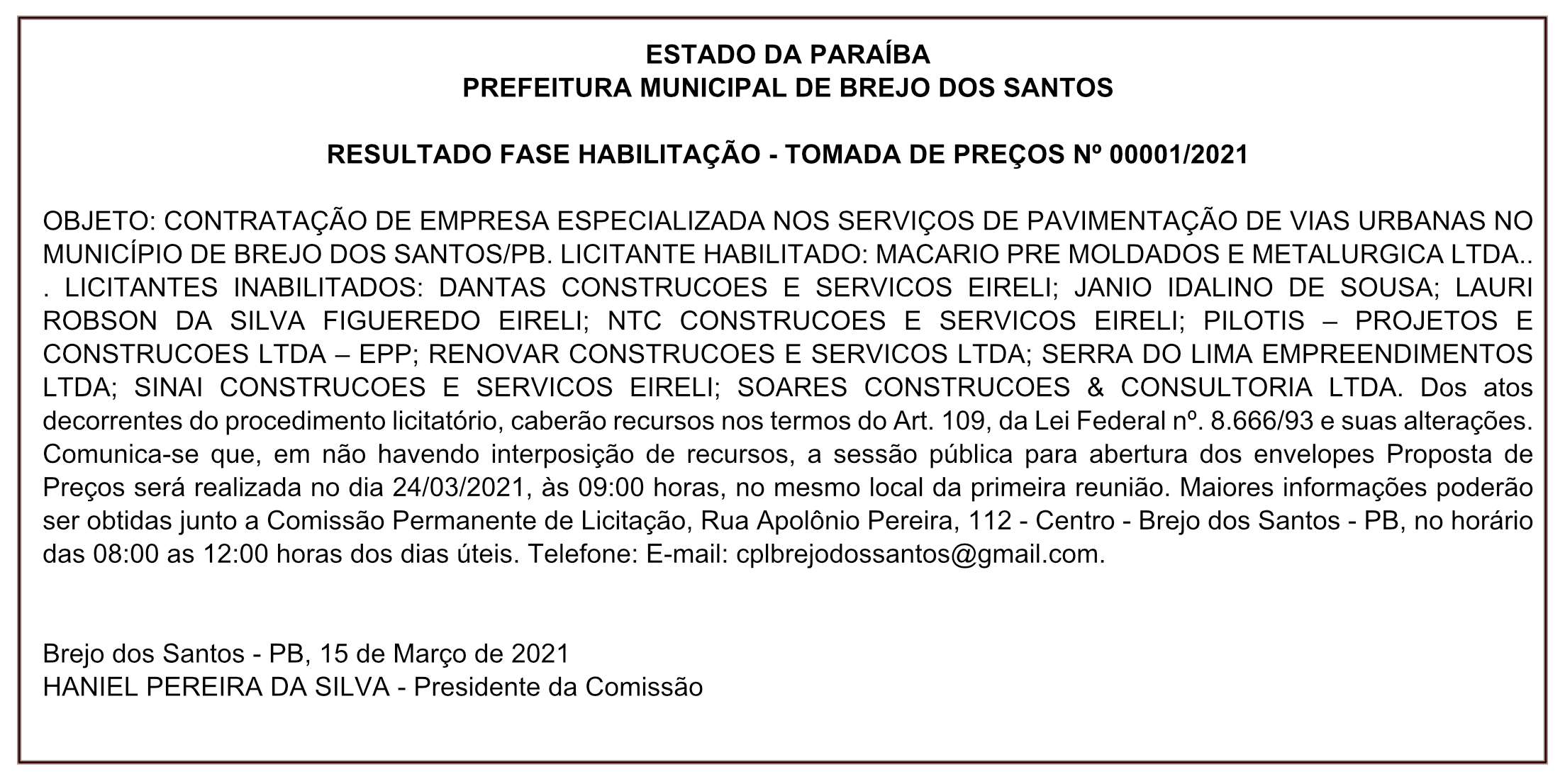 PREFEITURA MUNICIPAL DE BREJO DOS SANTOS – RESULTADO FASE HABILITAÇÃO – TOMADA DE PREÇOS Nº 00001/2021