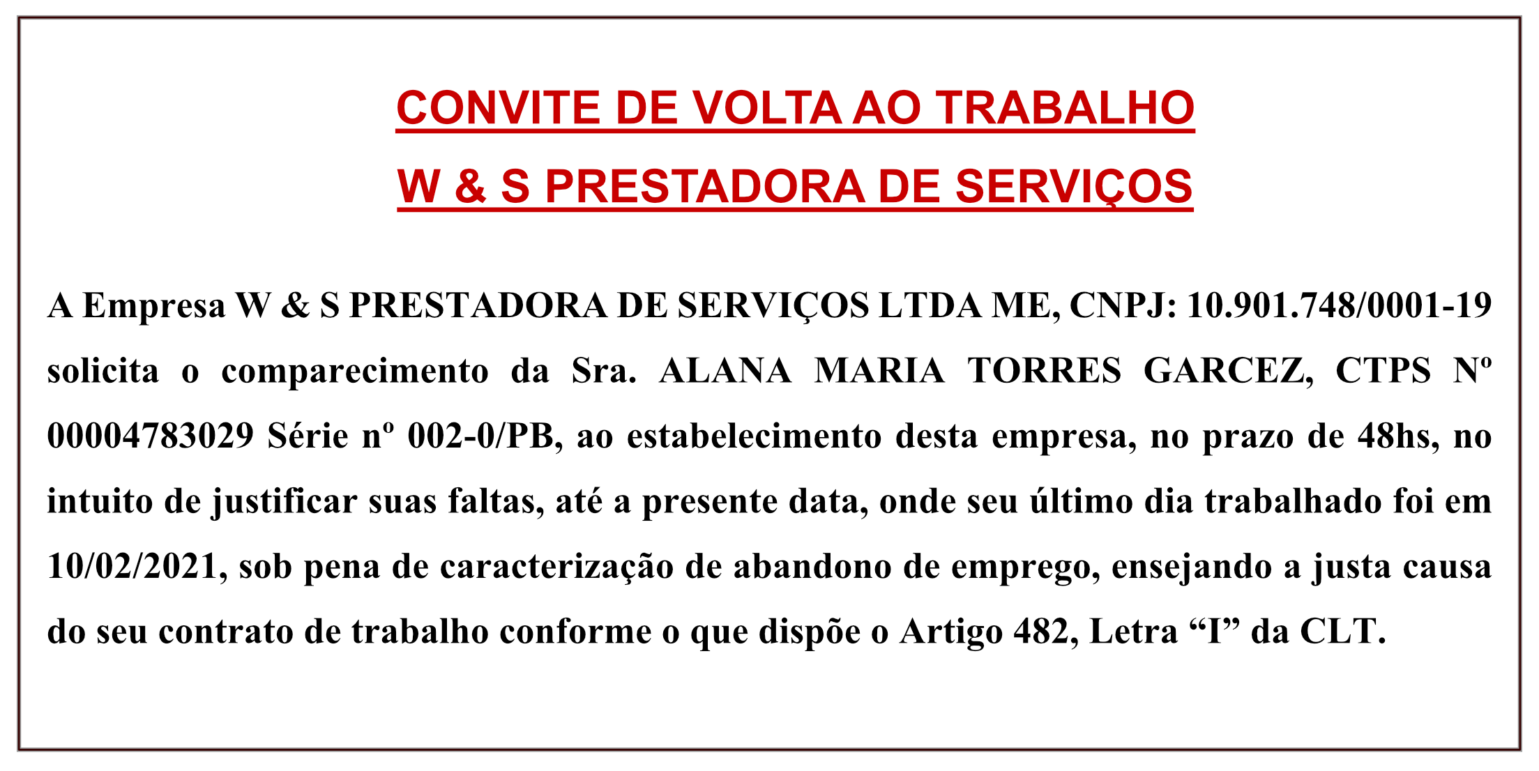 CONVITE DE VOLTA AO TRABALHO- W & S PRESTADORA DE SERVIÇOS LTDA ME