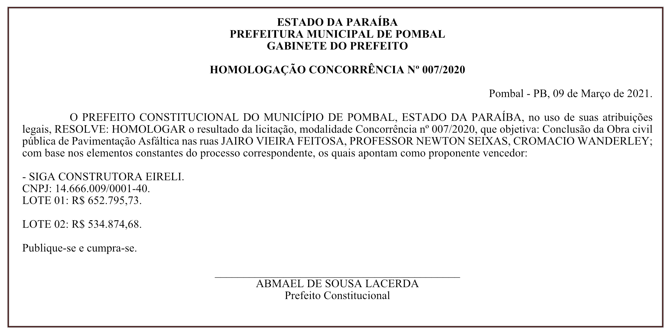 PREFEITURA MUNICIPAL DE POMBAL – GABINETE DO PREFEITO – HOMOLOGAÇÃO – CONCORRÊNCIA Nº 007/2020
