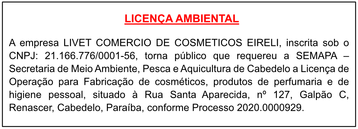 LIVET COMERCIO DE COSMETICOS EIRELI – Licença de Operação