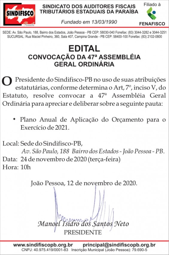 SINDIFISCO/PB – EDITAL DE CONVOCAÇÃO DA 47ª ASSEMBLEIA GERAL ORDINÁRIA