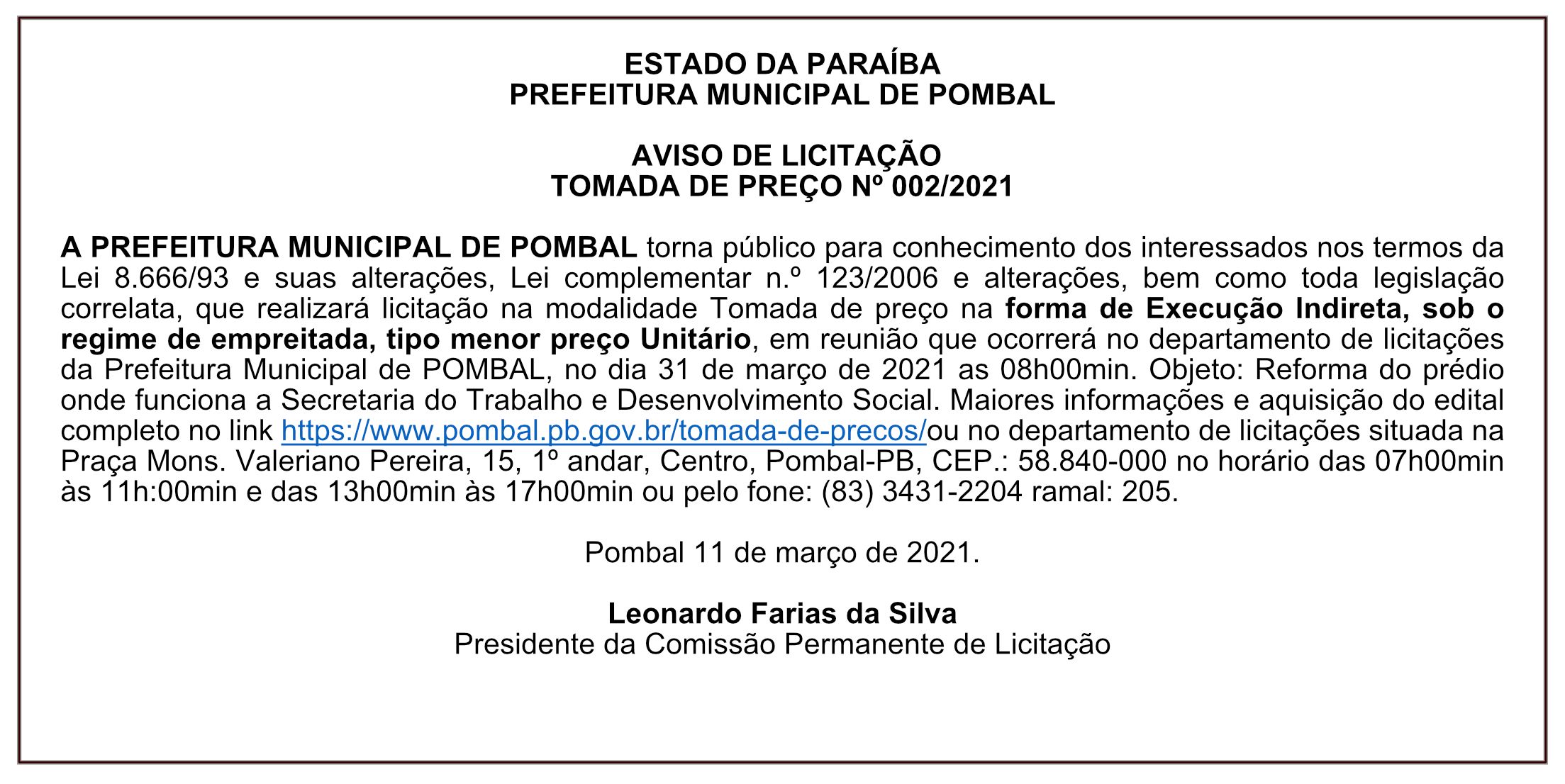 PREFEITURA MUNICIPAL DE POMBAL – AVISO DE LICITAÇÃO – TOMADA DE PREÇO Nº 002/2021