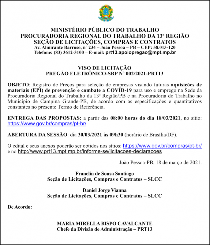 MPT – AVISO DE LICITAÇÃO – PREGÃO ELETRÔNICO-SRP Nº 002/2021-PRT13