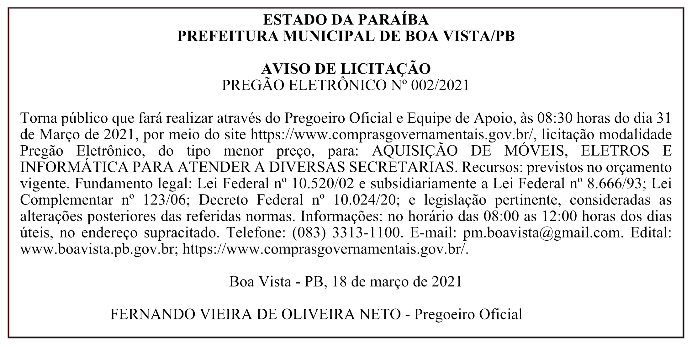 PREFEITURA MUNICIPAL DE BOA VISTA – AVISO DE LICITAÇÃO – PREGÃO ELETRÔNICO Nº 002/2021