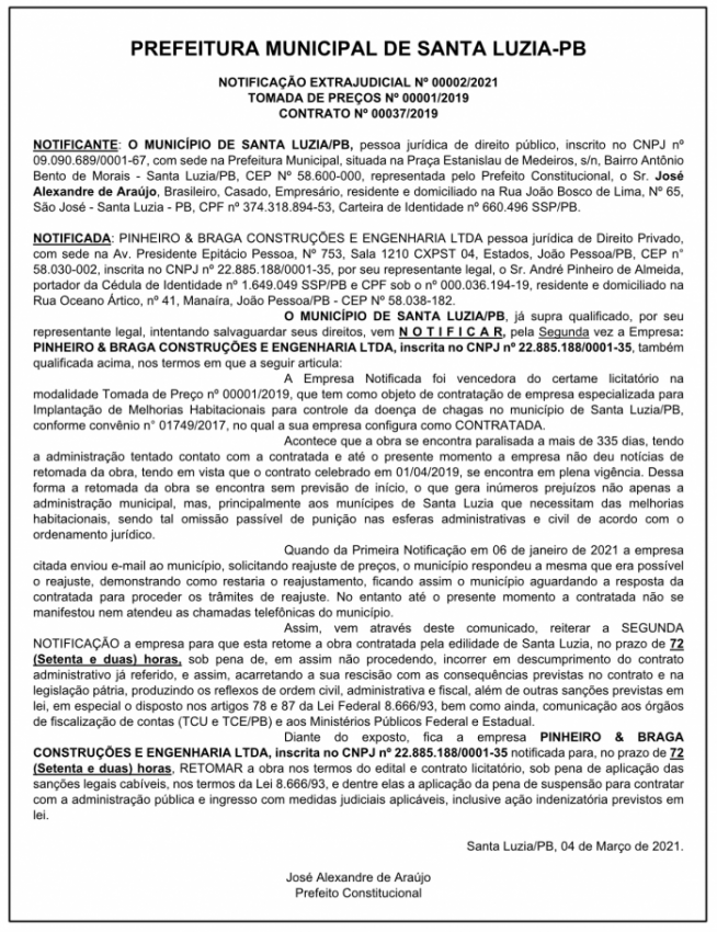 PREFEITURA MUNICIPAL DE SANTA LUZIA – NOTIFICAÇÃO EXTRAJUDICIAL Nº 00002/2021 – TOMADA DE PREÇOS Nº 00001/2019 – CONTRATO Nº 00037/2019
