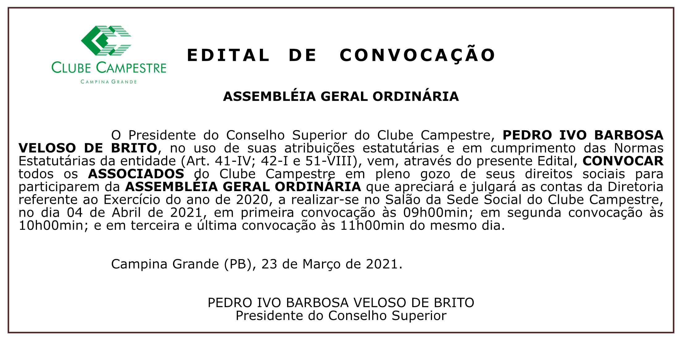CLUBE CAMPESTRE – EDITAL DE CONVOCAÇÃO – ASSEMBLEIA GERAL ORDINÁRIA