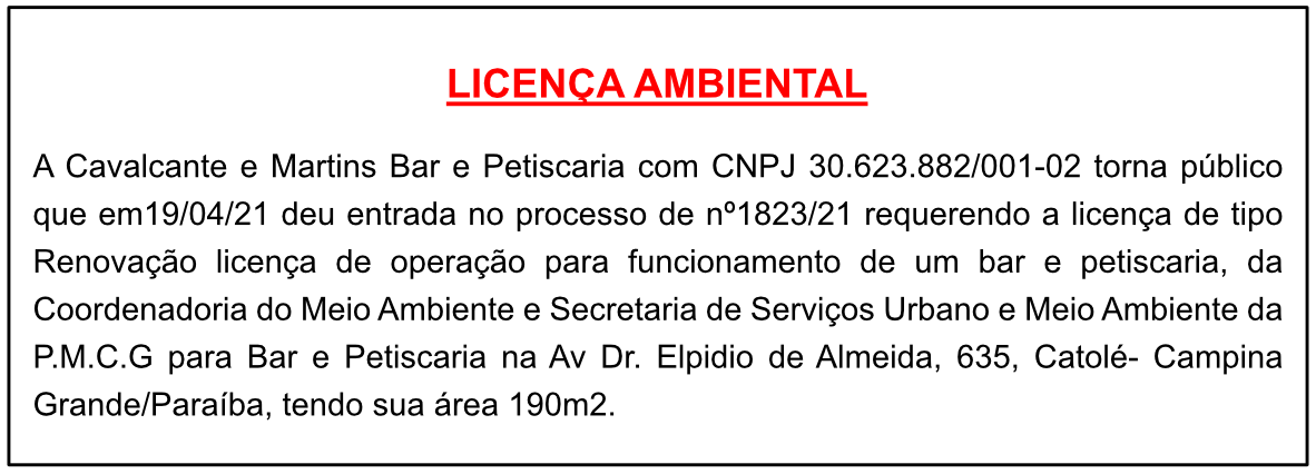 Cavalcante e Martins Bar e Petiscaria – Licença Ambiental