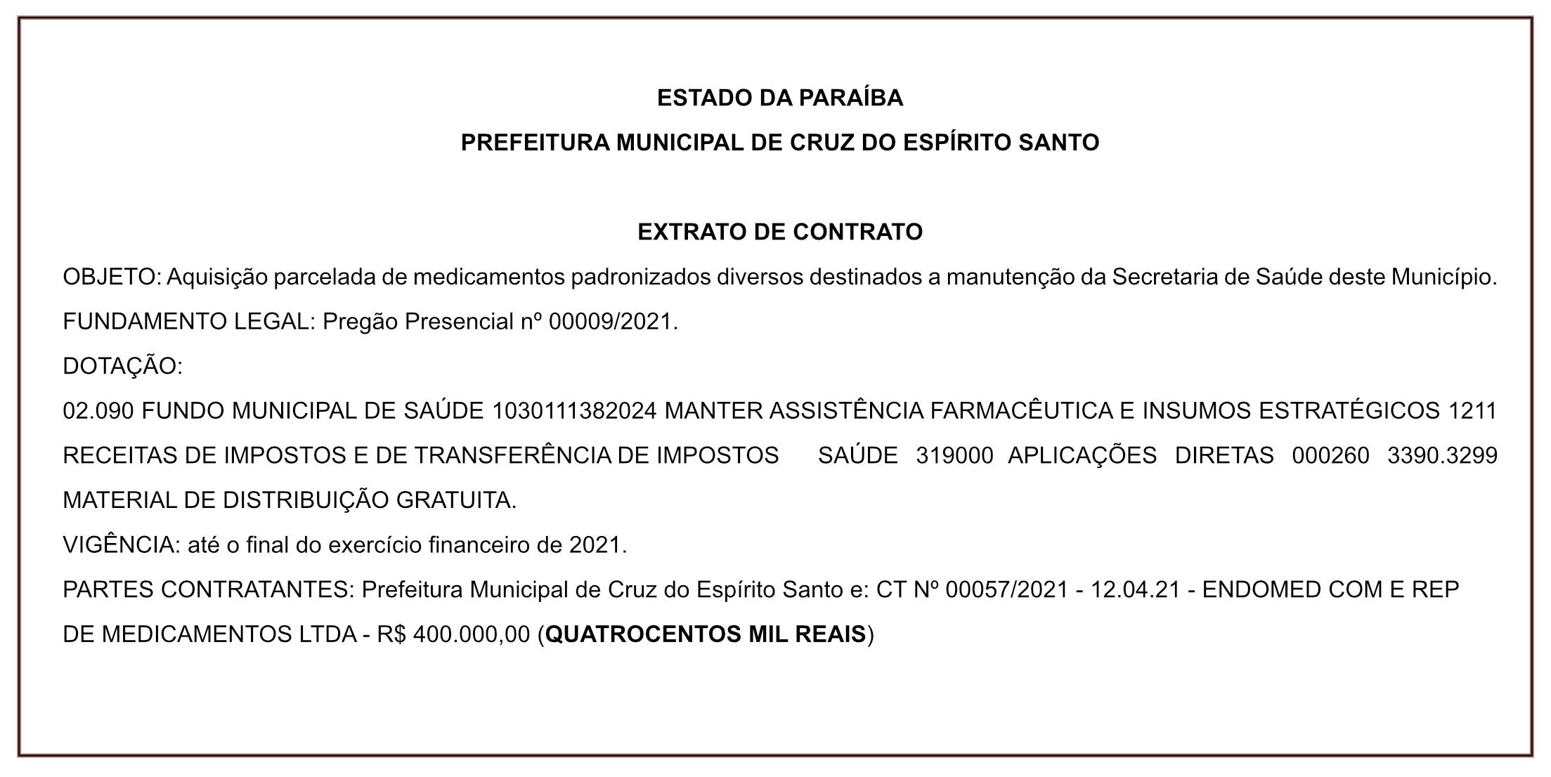 PREFEITURA MUNICIPAL DE CRUZ DO ESPÍRITO SANTO – EXTRATO DE CONTRATO