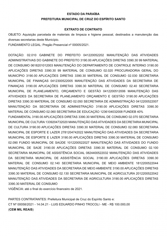 PREFEITURA MUNICIPAL DE CRUZ DO ESPÍRITO SANTO – EXTRATO DE CONTRATO