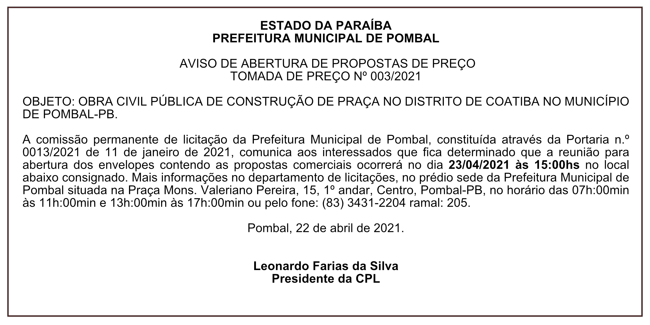 PREFEITURA MUNICIPAL DE POMBAL – AVISO DE ABERTURA DE PROPOSTAS DE PREÇO – TOMADA DE PREÇO Nº 003/2021