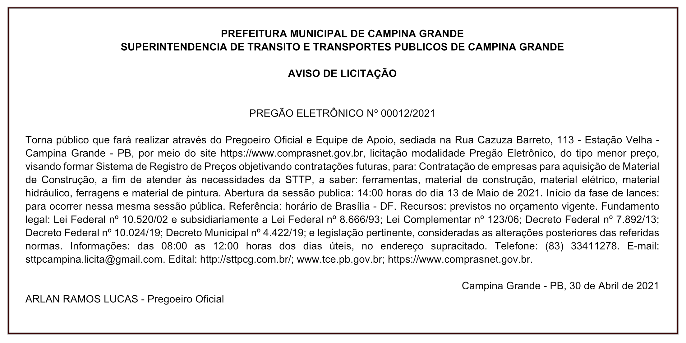 STTP – AVISO DE LICITAÇÃO PREGÃO ELETRÔNICO Nº 00012/2021
