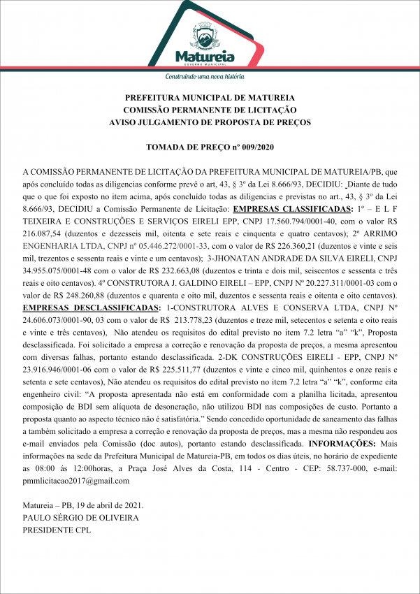 PREFEITURA MUNICIPAL DE MATUREIA – AVISO JULGAMENTO DE PROPOSTA DE PREÇOS TOMADA DE PREÇO nº 009/2020