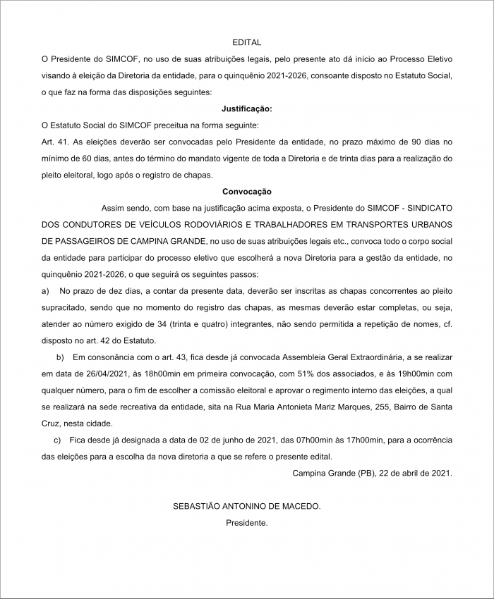 SIMCOF – EDITAL DE ELEIÇÃO