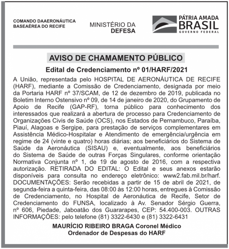 BASE AÉREA DE RECIFE – BARF – RF- AVISO DE CHAMAMENTO PÚBLICO – EDITAL DE CREDENCIAMENTO Nº 01/HARF/2021