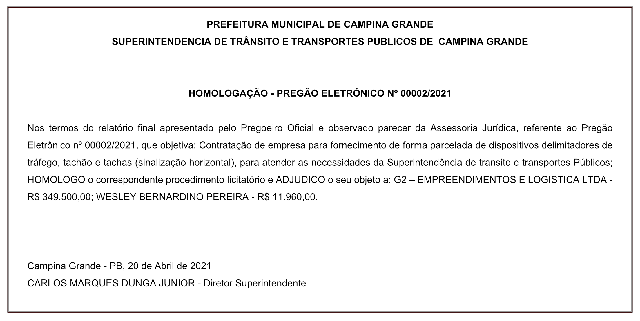 STTP – HOMOLOGAÇÃO – PREGÃO ELETRÔNICO Nº 00002/2021