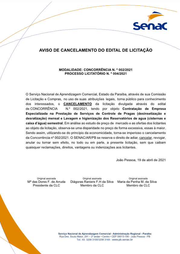 SENAC – AVISO DE CANCELAMENTO DO EDITAL DE LICITAÇÃO – MODALIDADE: CONCORRÊNCIA N.º 002/2021 PROCESSO LICITATÓRIO N.º 004/2021