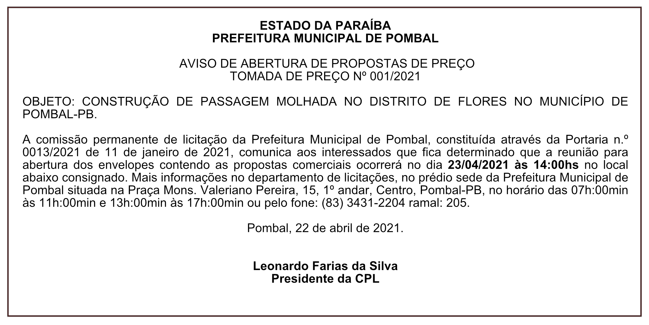 PREFEITURA MUNICIPAL DE POMBAL – AVISO DE ABERTURA DE PROPOSTAS DE PREÇO – TOMADA DE PREÇO Nº 001/2021