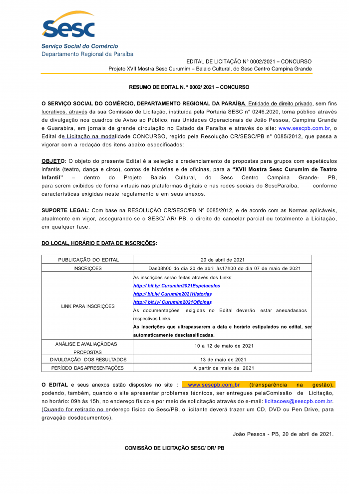 SESC – RESUMO DE EDITAL Nº 0002/2021 – CONCURSO