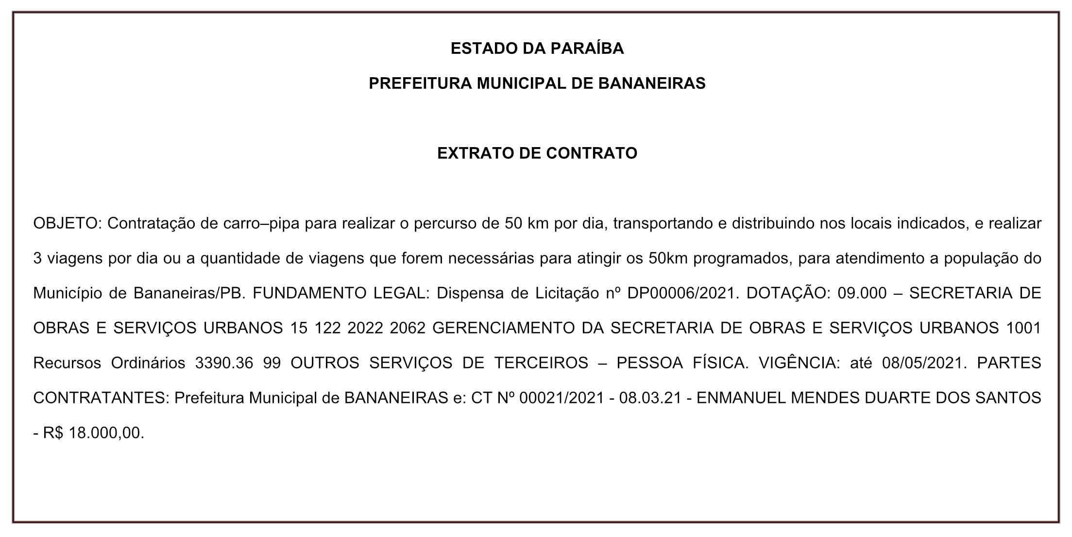 PREFEITURA MUNICIPAL DE BANANEIRAS – EXTRATO DE CONTRATO