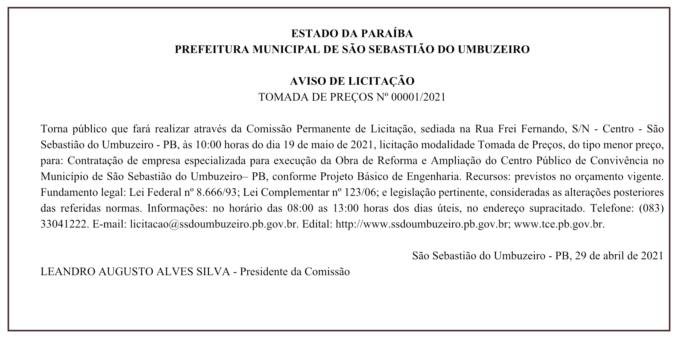 PREFEITURA MUNICIPAL DE SÃO SEBASTIÃO DO UMBUZEIRO – AVISO DE LICITAÇÃO – TOMADA DE PREÇOS Nº 00001/2021