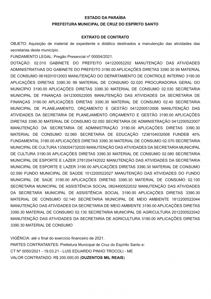 PREFEITURA MUNICIPAL DE CRUZ DO ESPÍRITO SANTO – EXTRATO DE CONTRATO