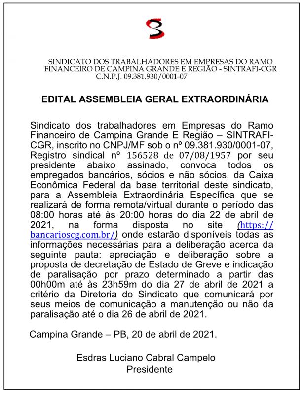 SINTRAFI-CGR – ASSEMBLEIA GERAL EXTRAORDINÁRIA