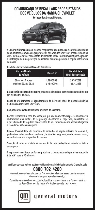 General Motors do Brasil – COMUNICADO DE RECALL AOS PROPRIETÁRIOS DOS VEÍCULOS DA MARCA CHEVROLET